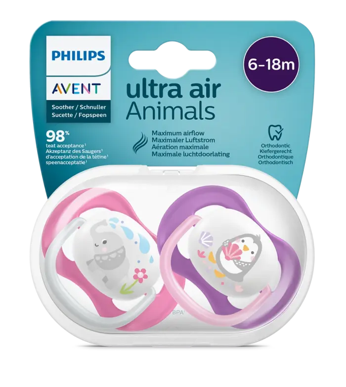 پستانک ارتودنسی ۶ تا ۱۸ ماه دوتایی فیلیپس اونت PHILIPS AVENT سری UltraAir مدل SCF080/08