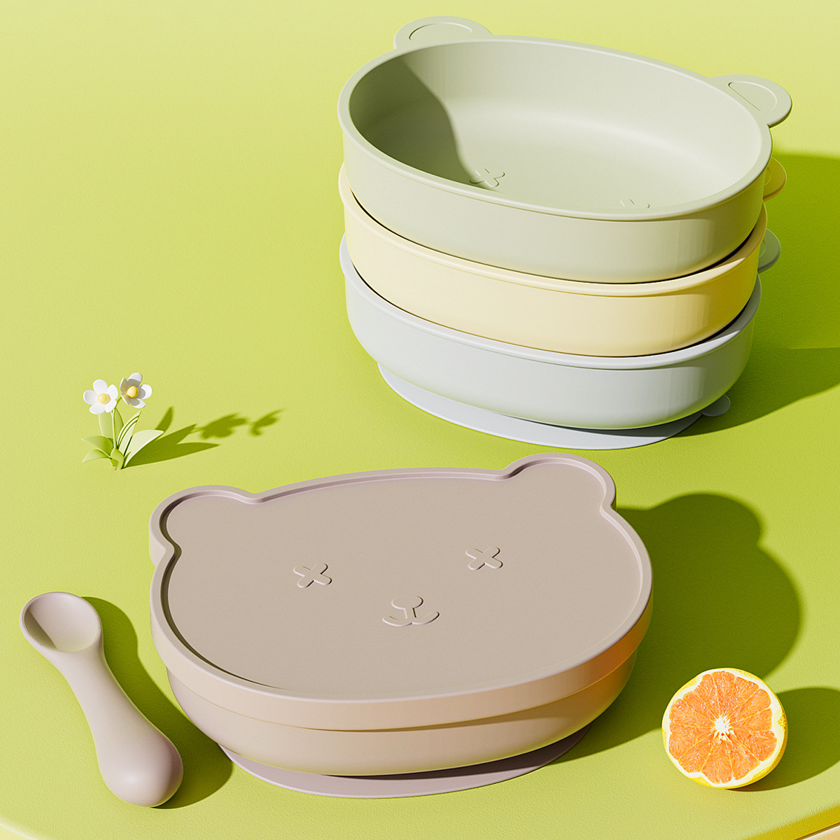 AST588 ست کاسه سیلیکونی درپوش دار کودک مدل خرسی به همراه قاشق - AST566