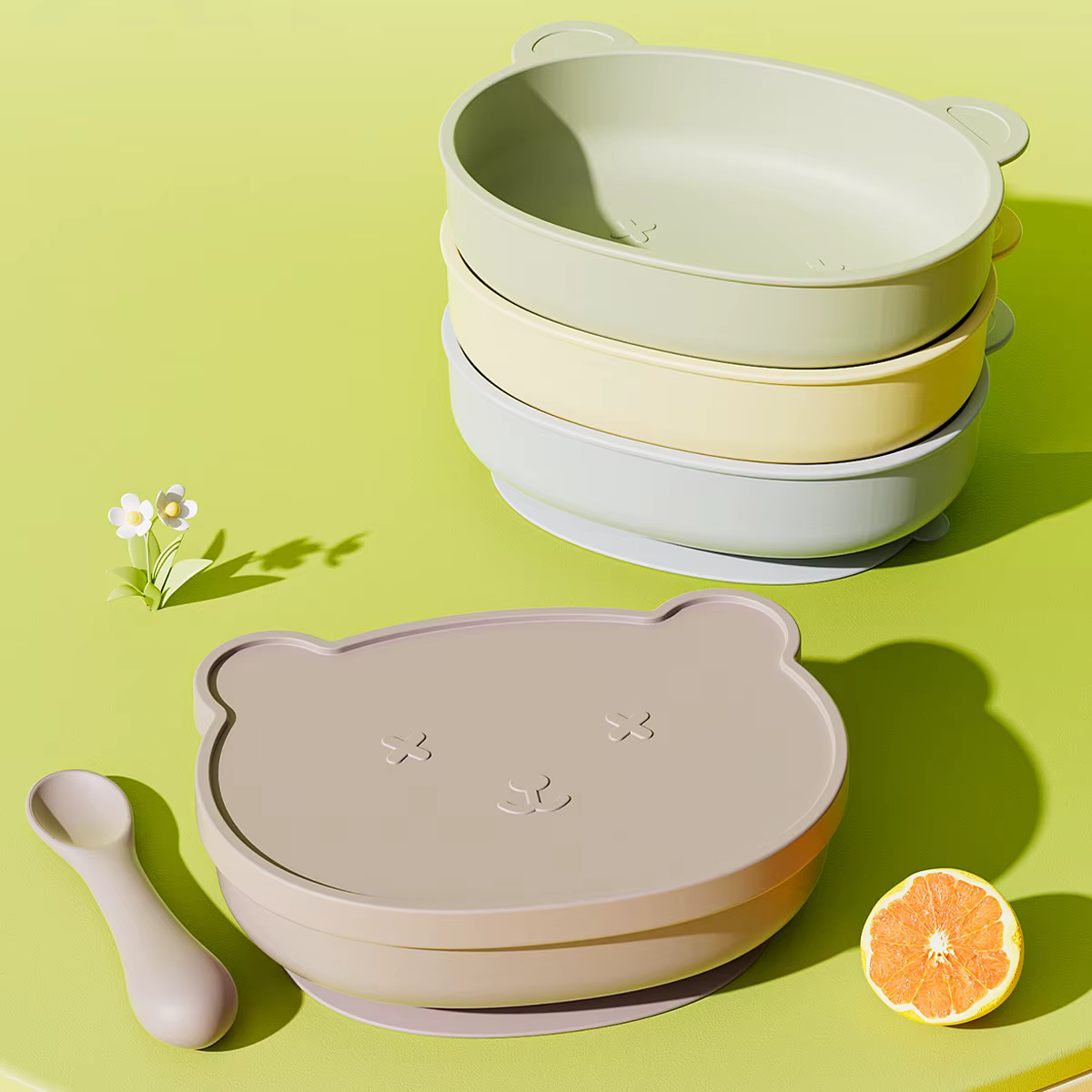 silicone-baby-bowl-with-lid-spoon-ast566-cover ست کاسه سیلیکونی درپوش دار کودک مدل خرسی به همراه قاشق AST566