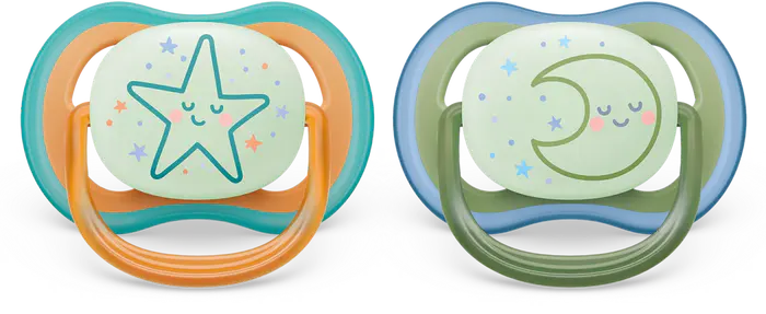 پستانک ارتودنسی شب تاب بالای ۱۸ ماه دوتایی فیلیپس اونت PHILIPS AVENT سری UltraAir مدل SCF376/23 کنار هم