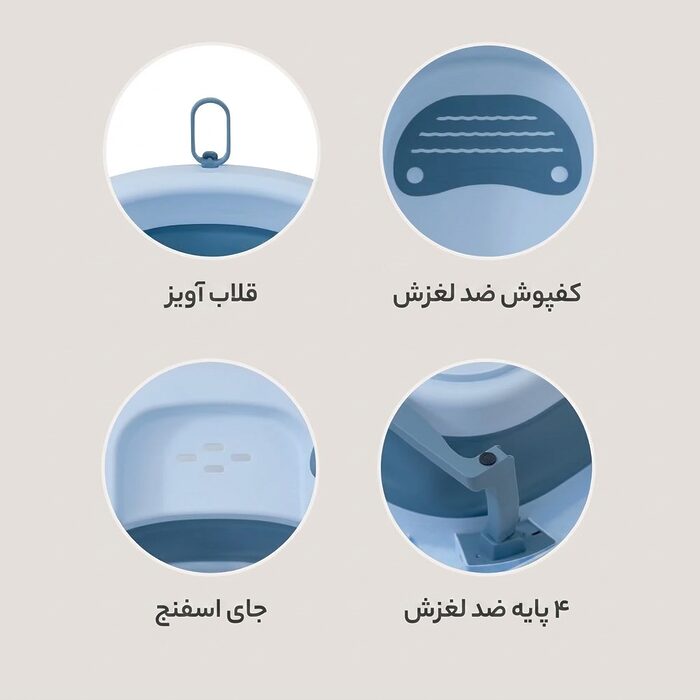 جزئیات طراحی وان حمام کودک Ocean Bathtub مدل AST590 شامل قلاب آویز، کف‌پوش ضدلغزش، جای اسفنج و پایه مقاوم