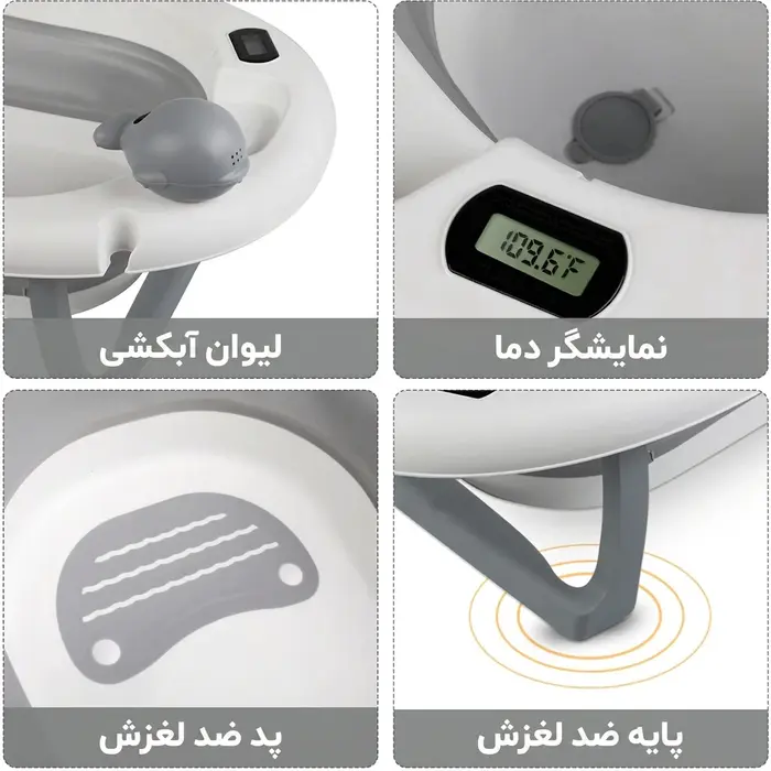 ویژگی‌های وان حمام کودک Ocean Bathtub مدل AST590 شامل لیوان آبکشی، نمایشگر دما، پد و پایه ضدلغزش