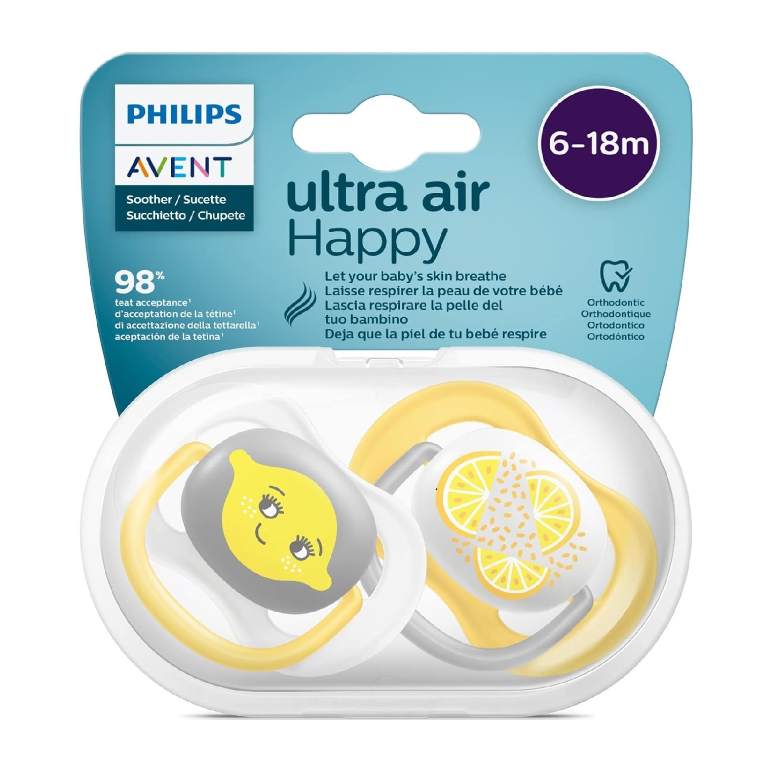 philips-avent-ultra-air-scf080-18-cover-packaging پستانک ارتودنسی ۶ تا ۱۸ ماه دوتایی فیلیپس اونت سری Ultrasoft مدل SCF080/18