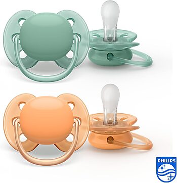 تصویر هر دو پستانک UltraSoft فیلیپس اونت مدل SCF091/03 رنگ سبز و نارنجی، با سری سیلیکونی ارتودنسی